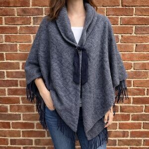 Ann Taylor Fringe Poncho Shawl Wrap Cardigan Blue ONE SIZE NEW